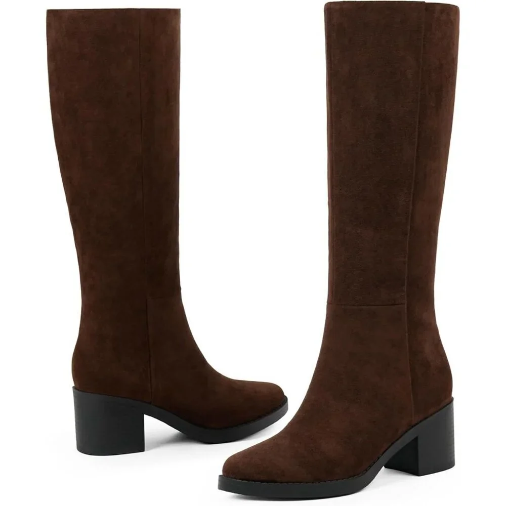 Women's Chocolate Suede Chunky Heel Round Zipper Winter Dress Knee High Boots